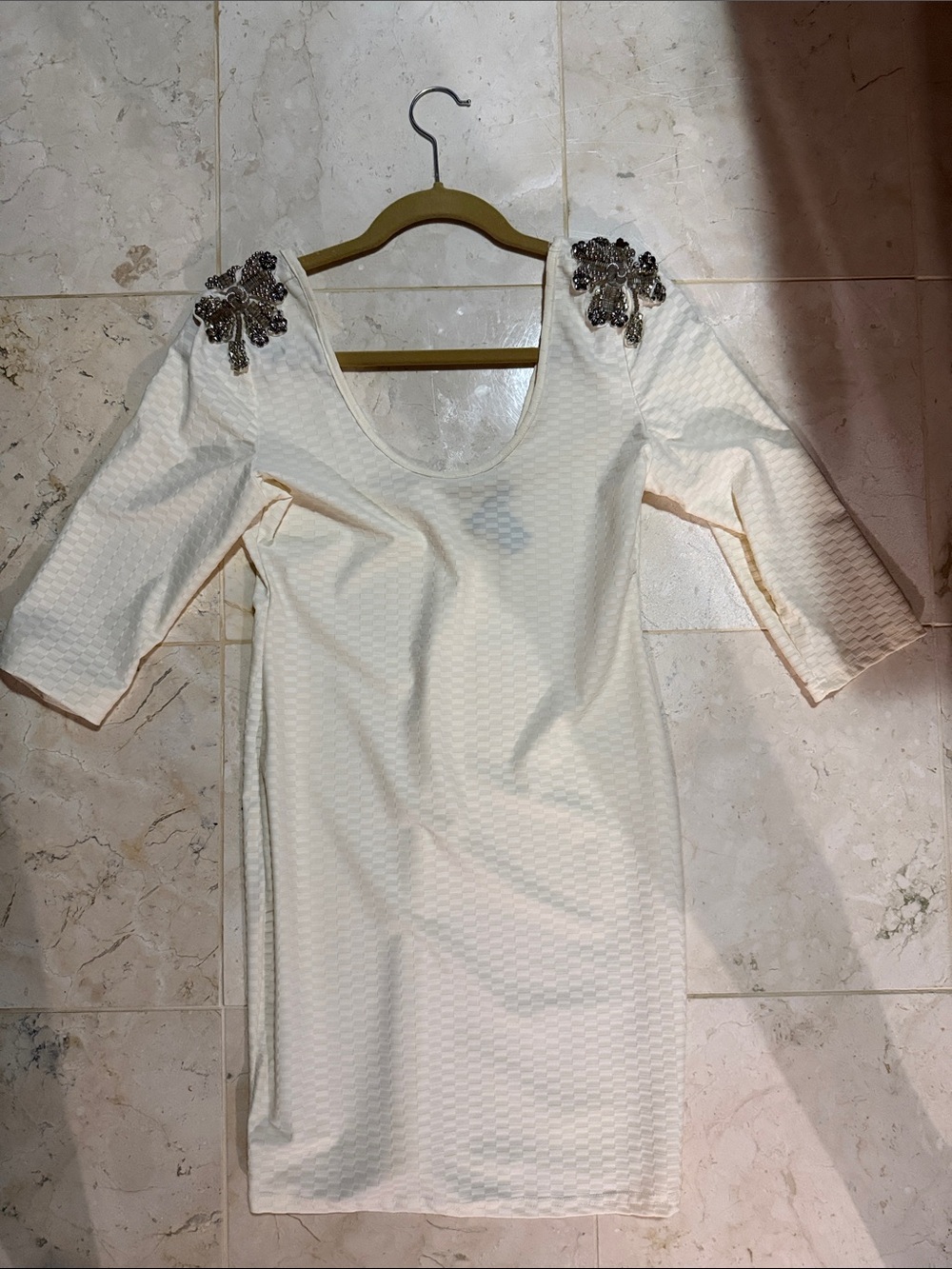 Beautiful Embellished Shoulder Scoop-Neck Cream Dress